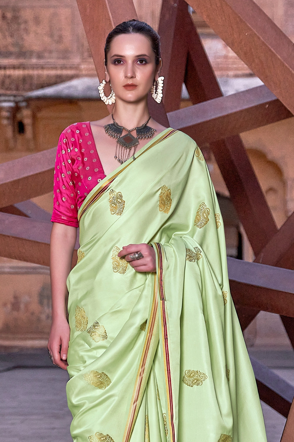 Lime Green Pure Sattin With Zari Weaving & Contrast Blouse Saree