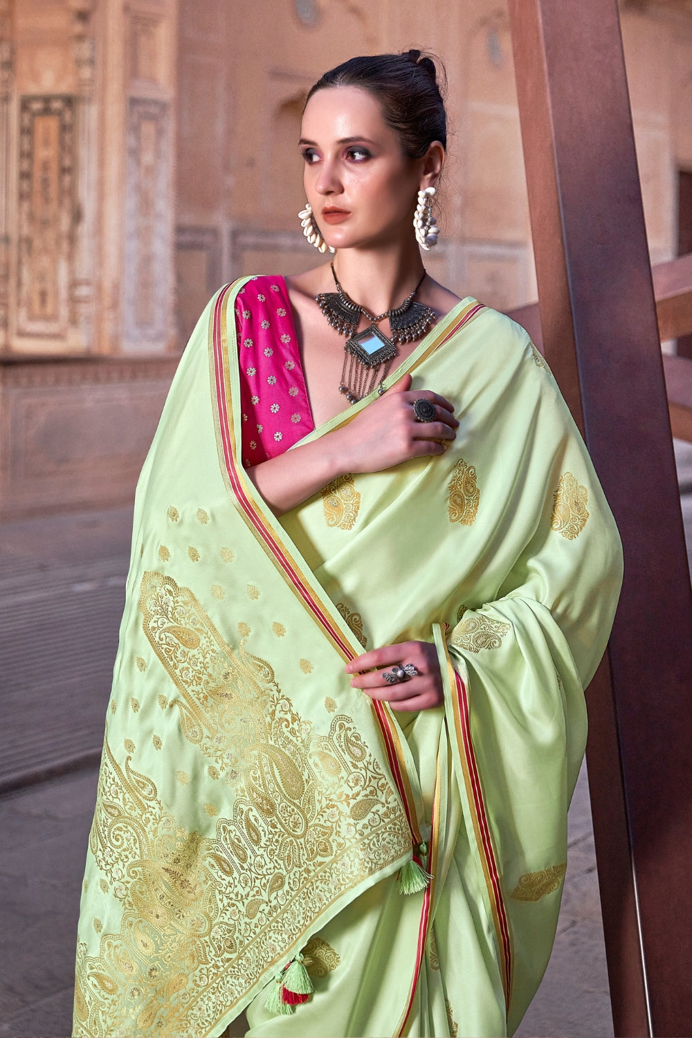 Lime Green Pure Sattin With Zari Weaving & Contrast Blouse Saree