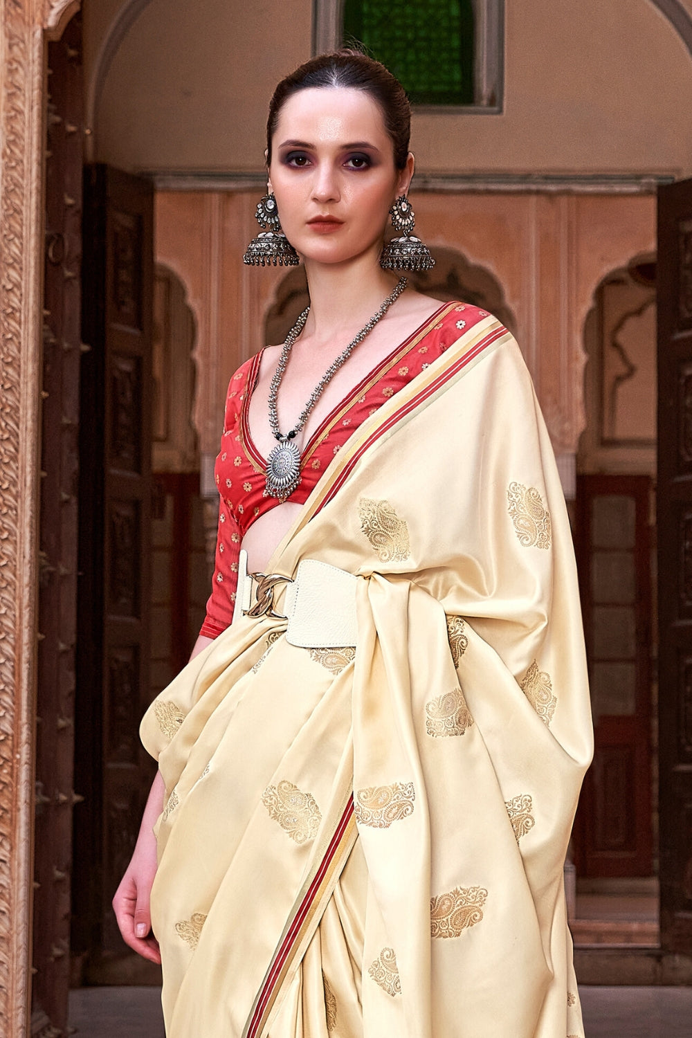 Cream Pure Sattin With Zari Weaving & Contrast Blouse Saree