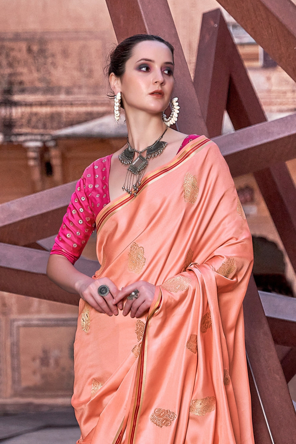 Orange Pure Sattin With Zari Weaving & Contrast Blouse Saree