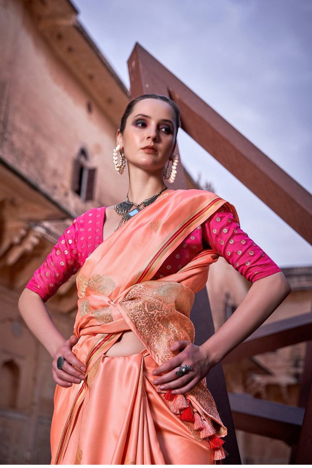 Orange Pure Sattin With Zari Weaving & Contrast Blouse Saree