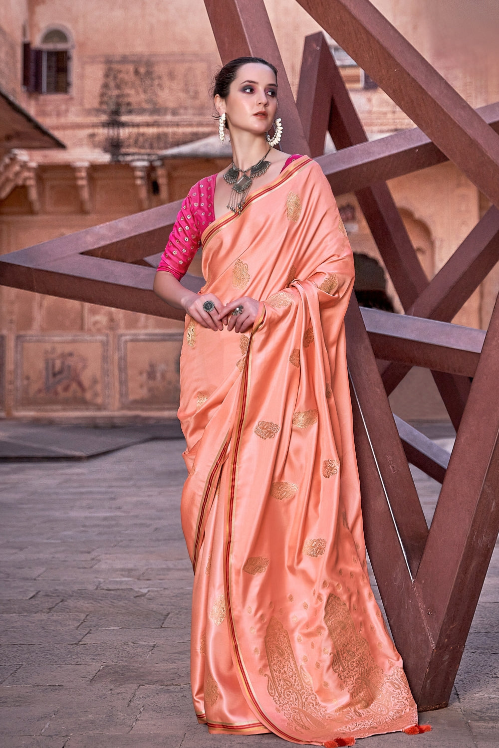 Orange Pure Sattin With Zari Weaving & Contrast Blouse Saree