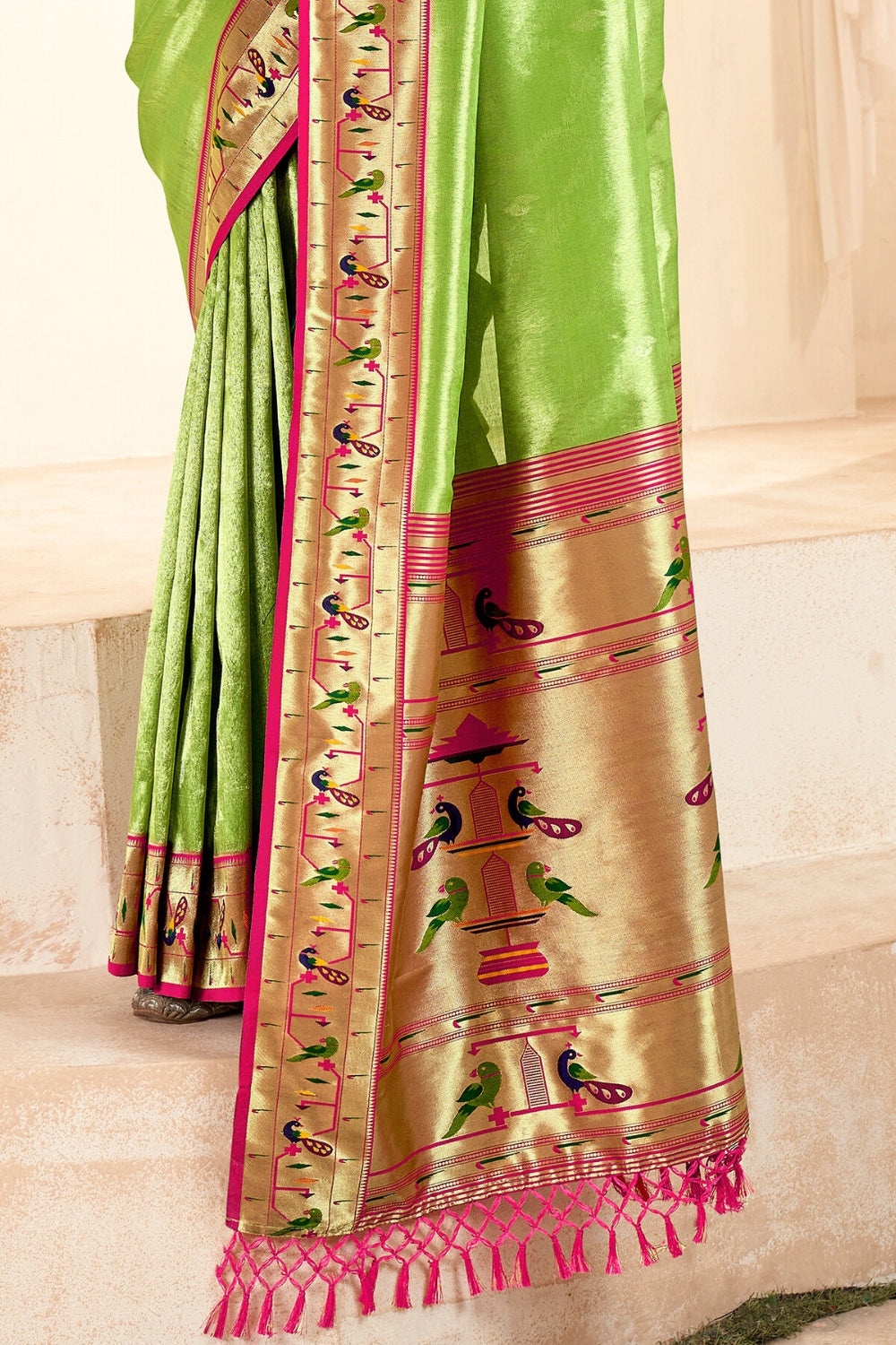 Lime Green PURE PAITHANI TISSUE SILK with ZARI BORDER Saree