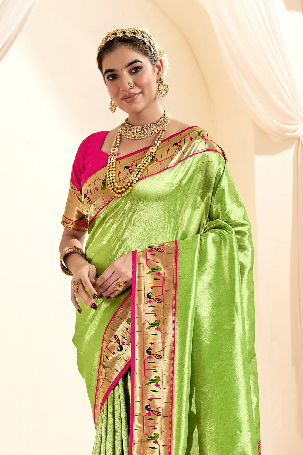 Lime Green PURE PAITHANI TISSUE SILK with ZARI BORDER Saree