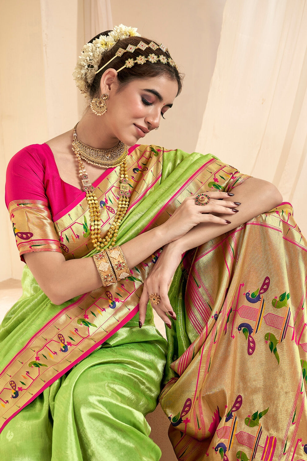 Lime Green PURE PAITHANI TISSUE SILK with ZARI BORDER Saree