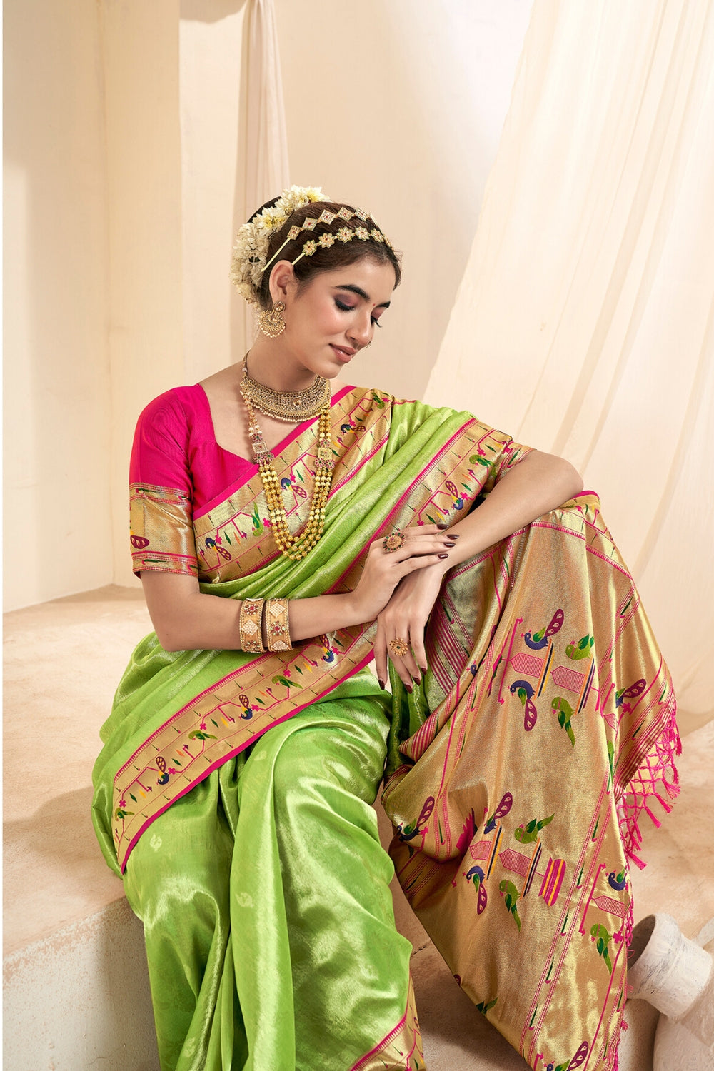 Lime Green PURE PAITHANI TISSUE SILK with ZARI BORDER Saree