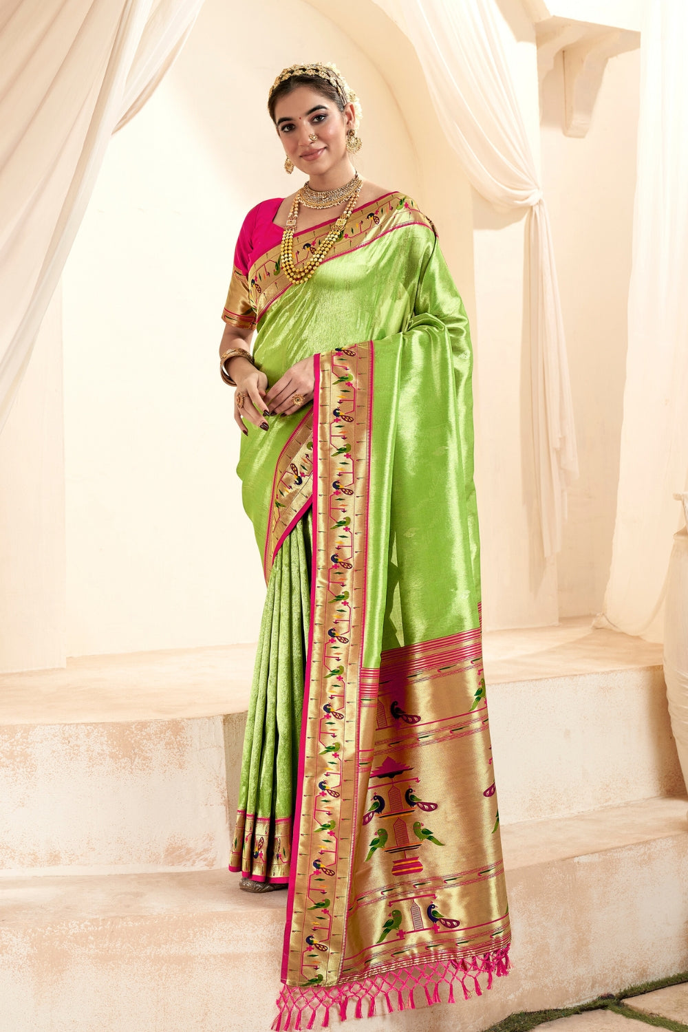 Lime Green PURE PAITHANI TISSUE SILK with ZARI BORDER Saree