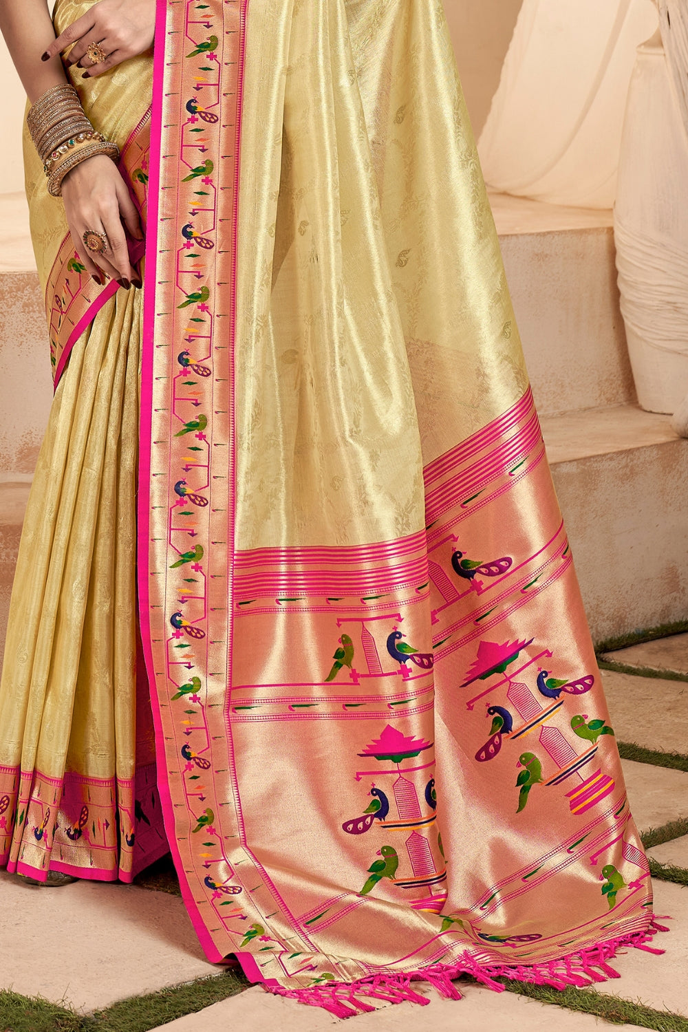 Cream PURE PAITHANI TISSUE SILK with ZARI BORDER Saree