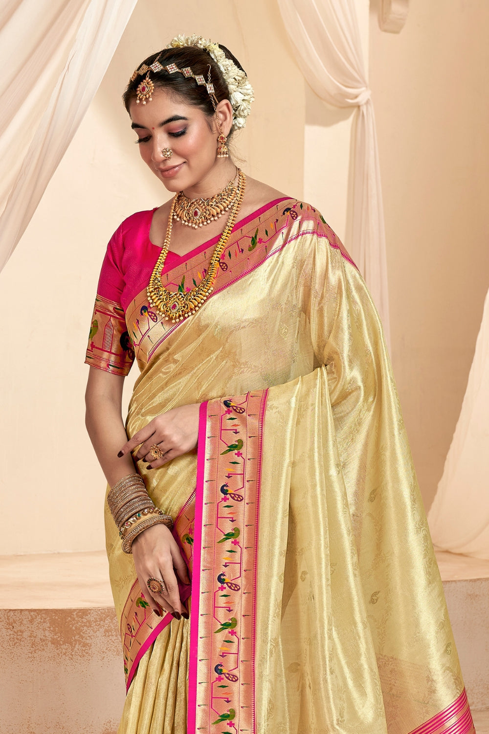 Cream PURE PAITHANI TISSUE SILK with ZARI BORDER Saree