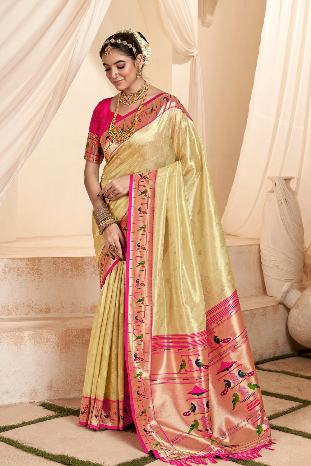 Cream PURE PAITHANI TISSUE SILK with ZARI BORDER Saree