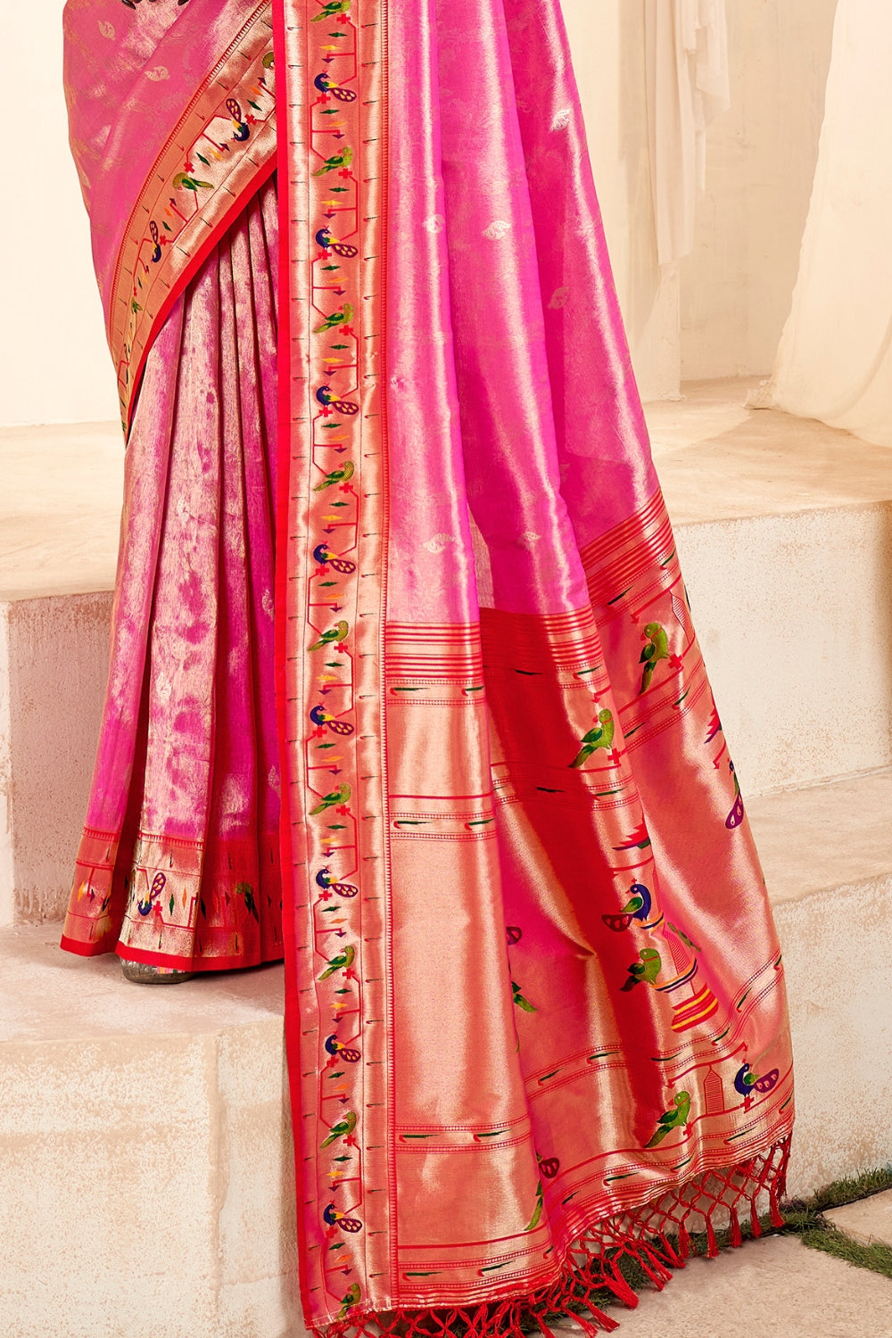 Pink PURE PAITHANI TISSUE SILK with ZARI BORDER Saree