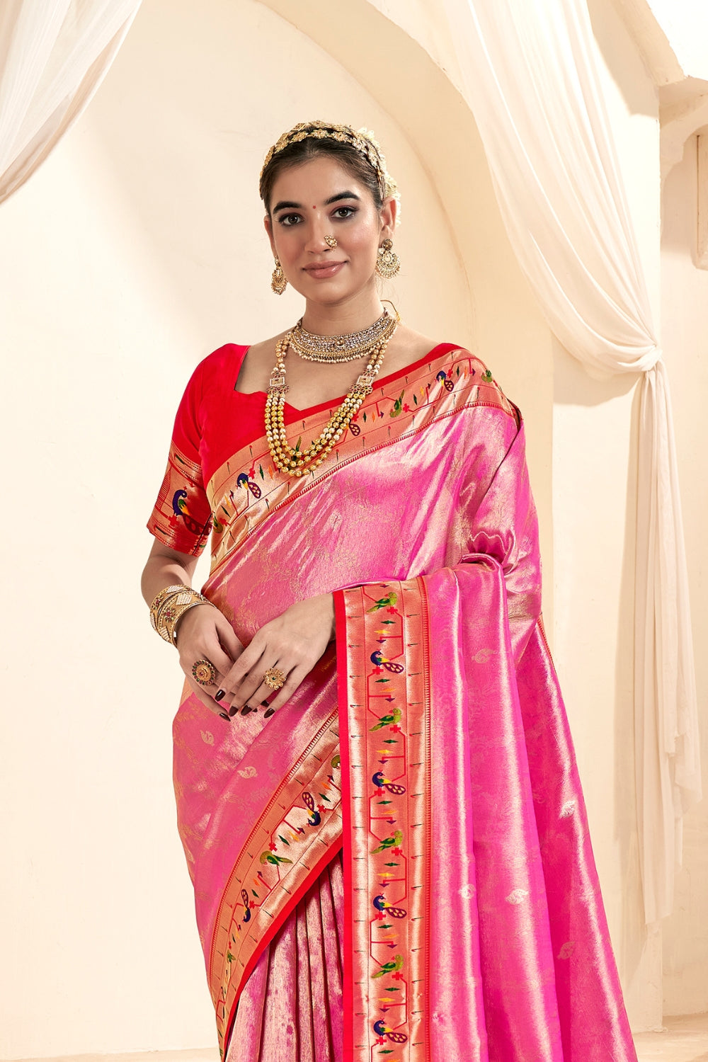 Pink PURE PAITHANI TISSUE SILK with ZARI BORDER Saree