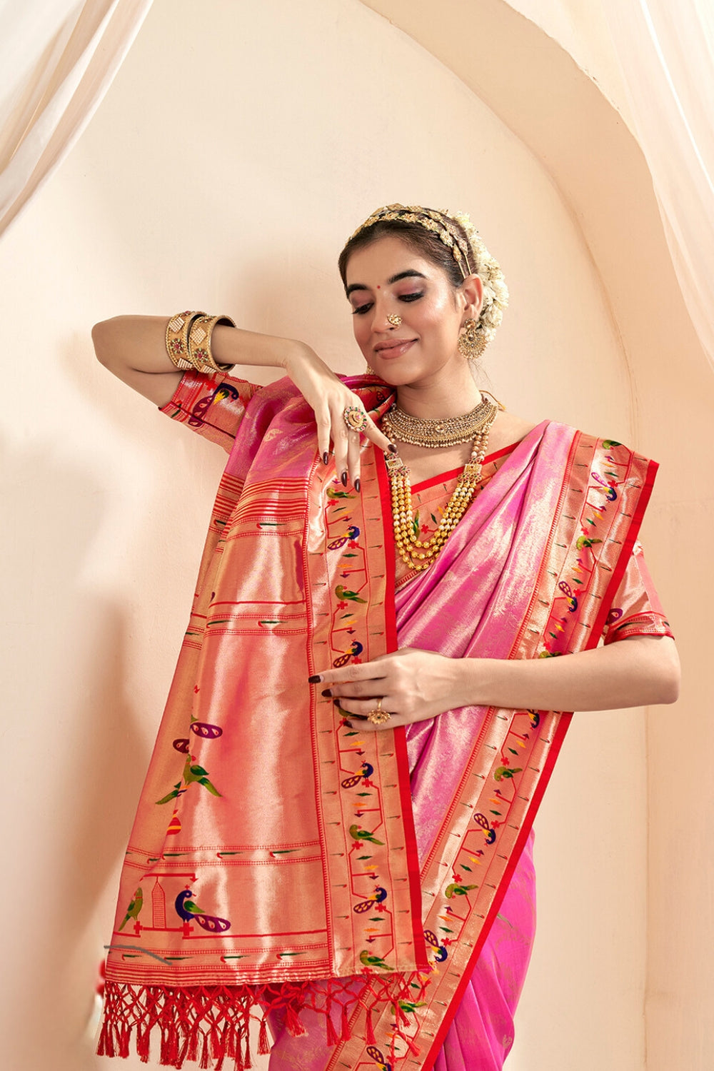 Pink PURE PAITHANI TISSUE SILK with ZARI BORDER Saree