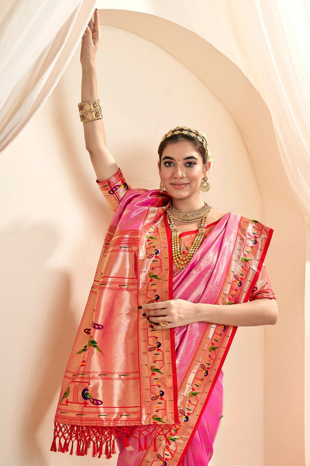 Pink PURE PAITHANI TISSUE SILK with ZARI BORDER Saree