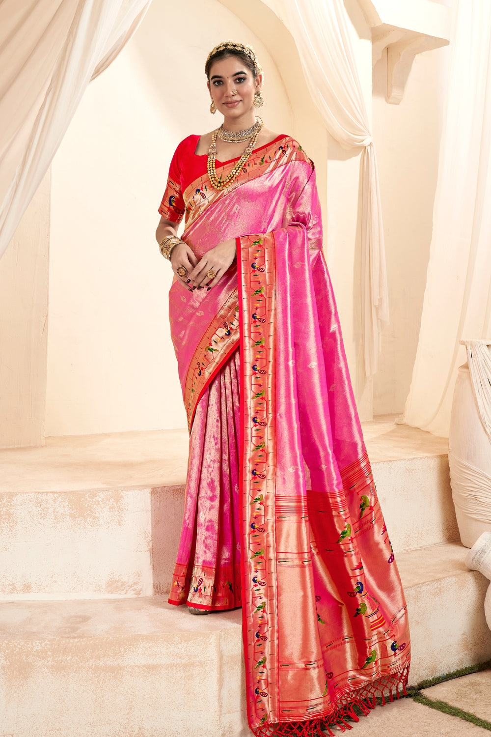 Pink PURE PAITHANI TISSUE SILK with ZARI BORDER Saree