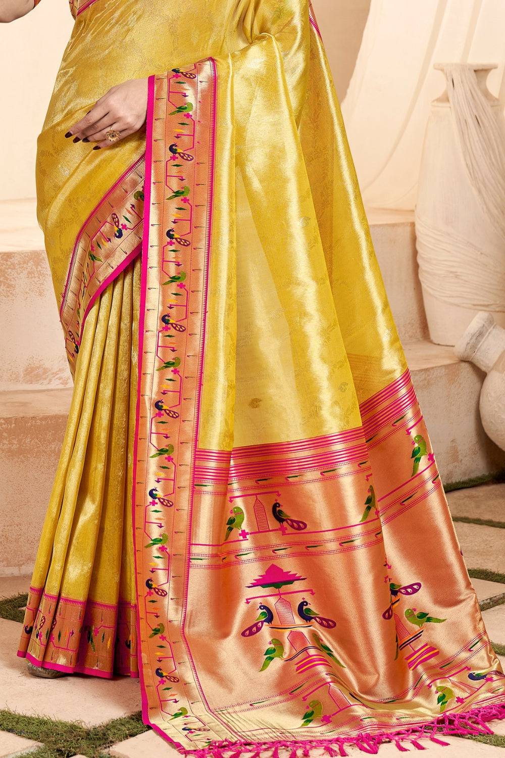 Yellow PURE PAITHANI TISSUE SILK with ZARI BORDER Saree