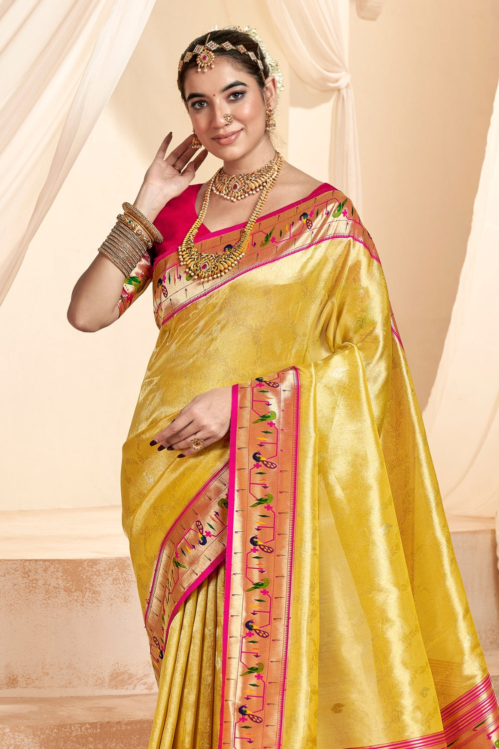 Yellow PURE PAITHANI TISSUE SILK with ZARI BORDER Saree