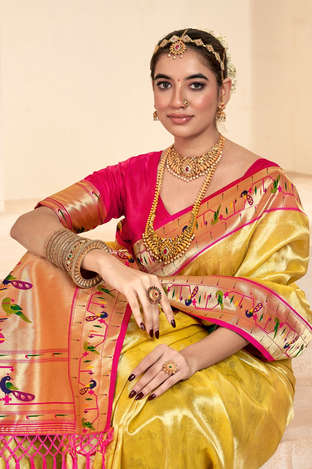 Yellow PURE PAITHANI TISSUE SILK with ZARI BORDER Saree