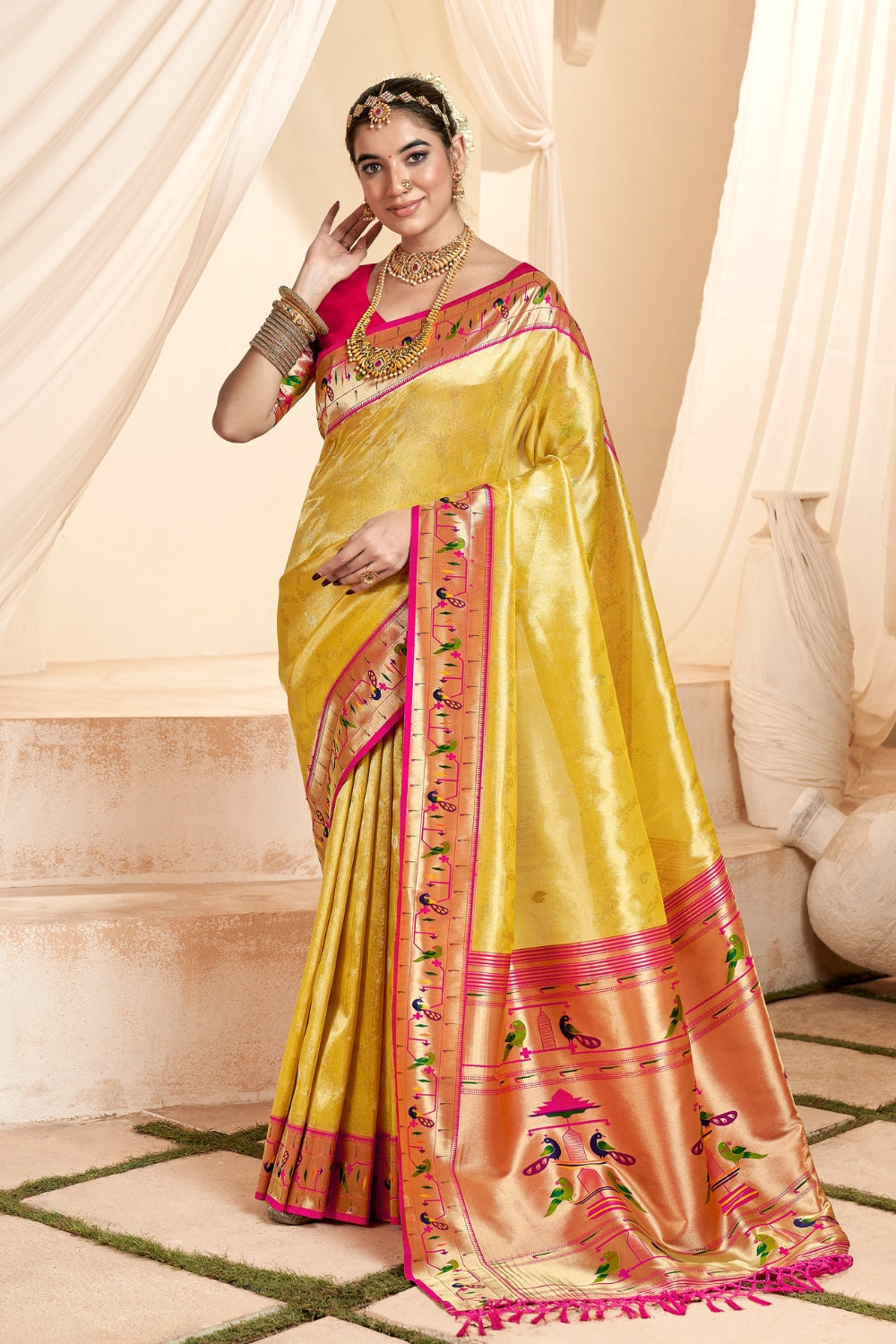 Yellow PURE PAITHANI TISSUE SILK with ZARI BORDER Saree