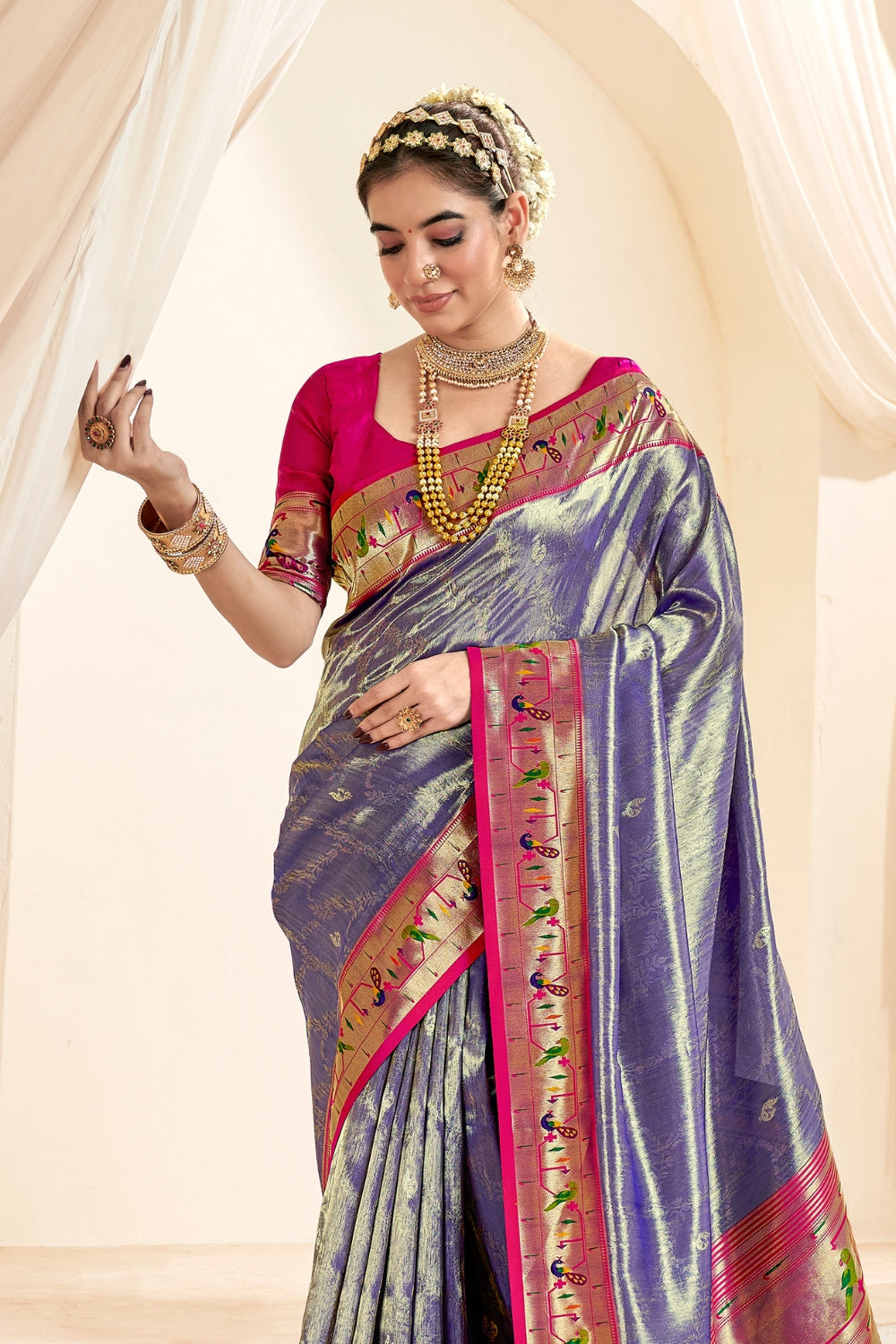 Blue PURE PAITHANI TISSUE SILK with ZARI BORDER Saree