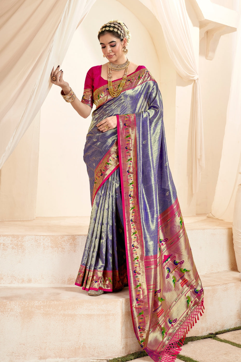 Blue PURE PAITHANI TISSUE SILK with ZARI BORDER Saree