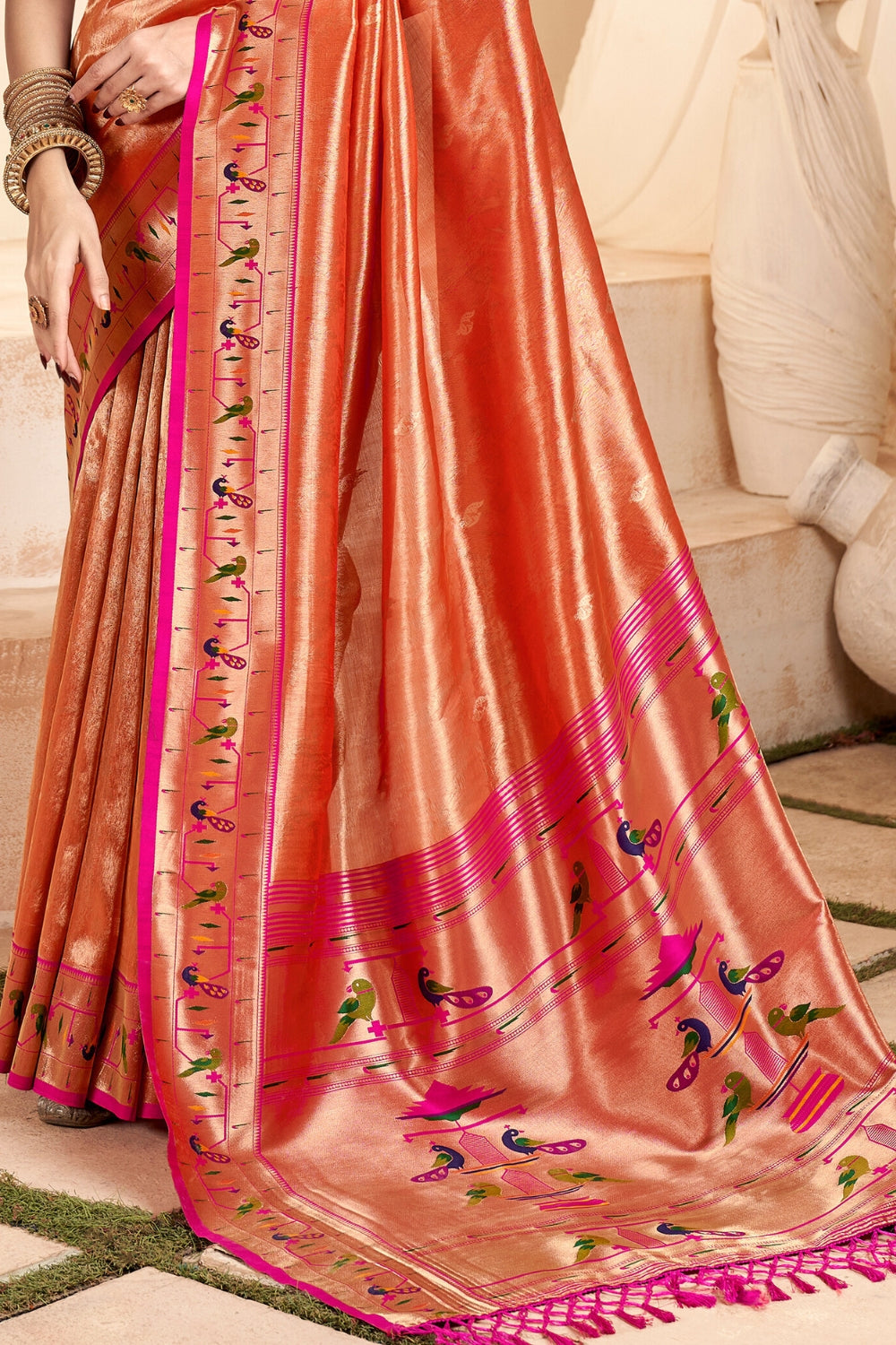 Orange PURE PAITHANI TISSUE SILK with ZARI BORDER Saree