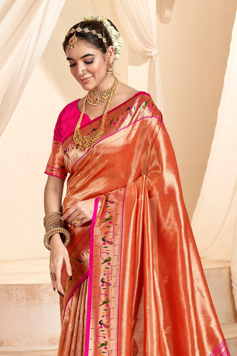 Orange PURE PAITHANI TISSUE SILK with ZARI BORDER Saree