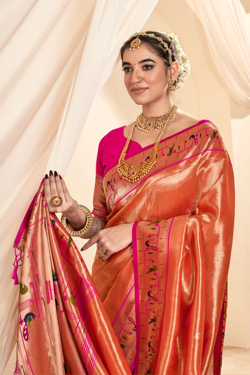 Orange PURE PAITHANI TISSUE SILK with ZARI BORDER Saree