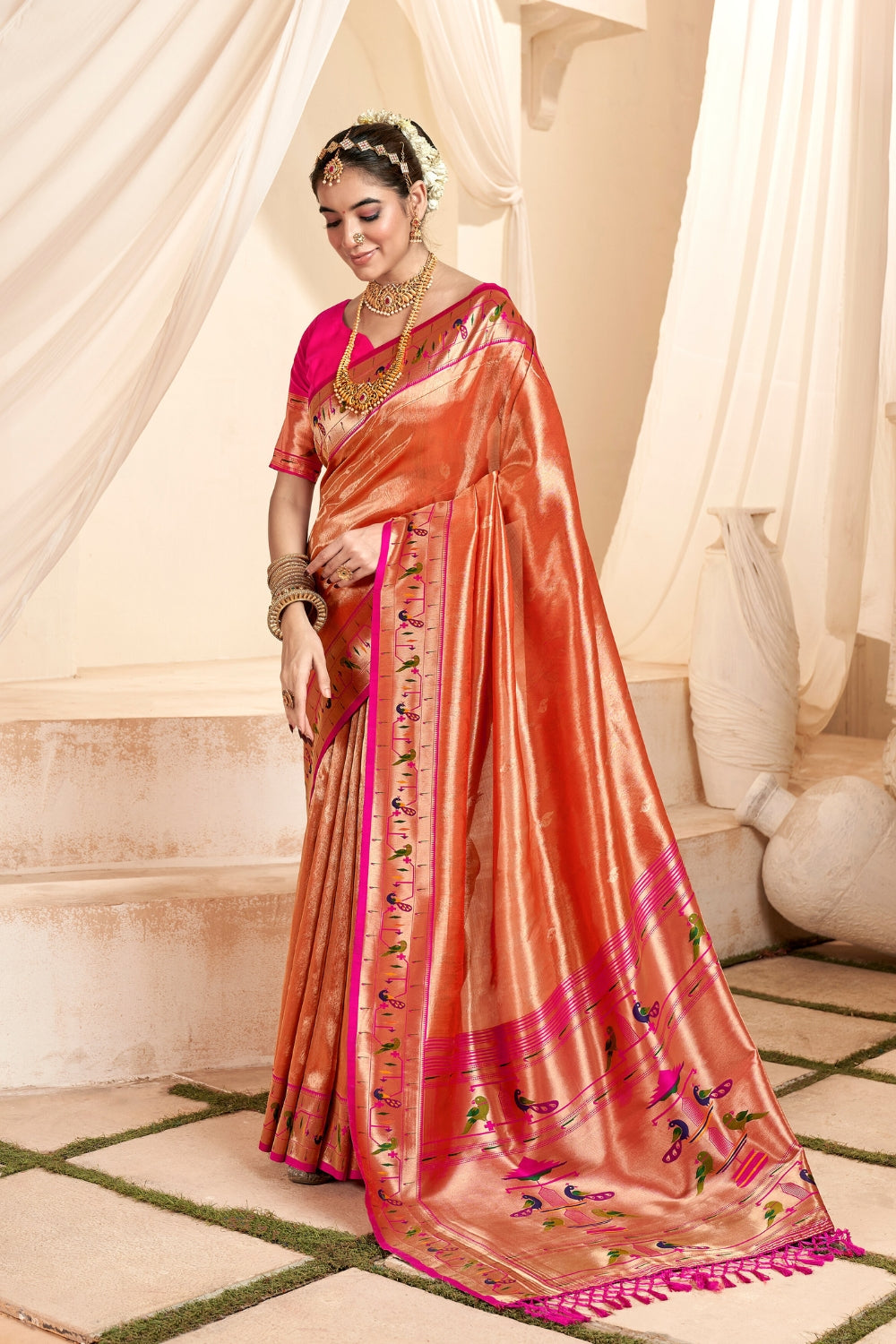 Orange PURE PAITHANI TISSUE SILK with ZARI BORDER Saree