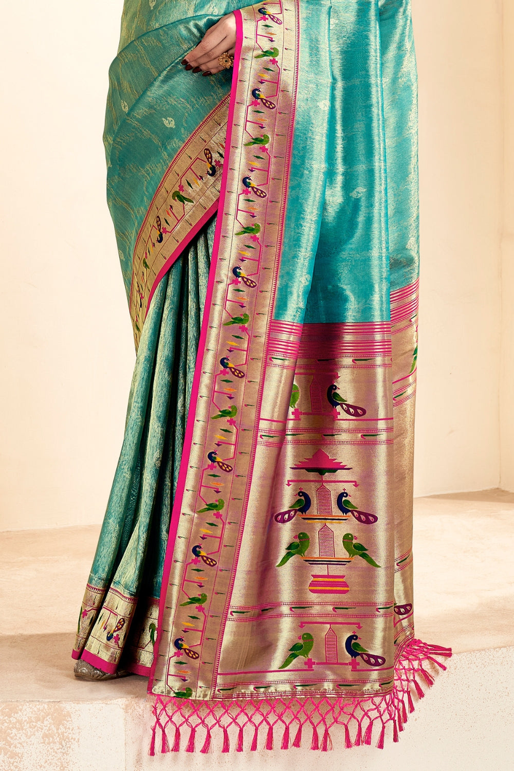 Turquoise PURE PAITHANI TISSUE SILK with ZARI BORDER Saree