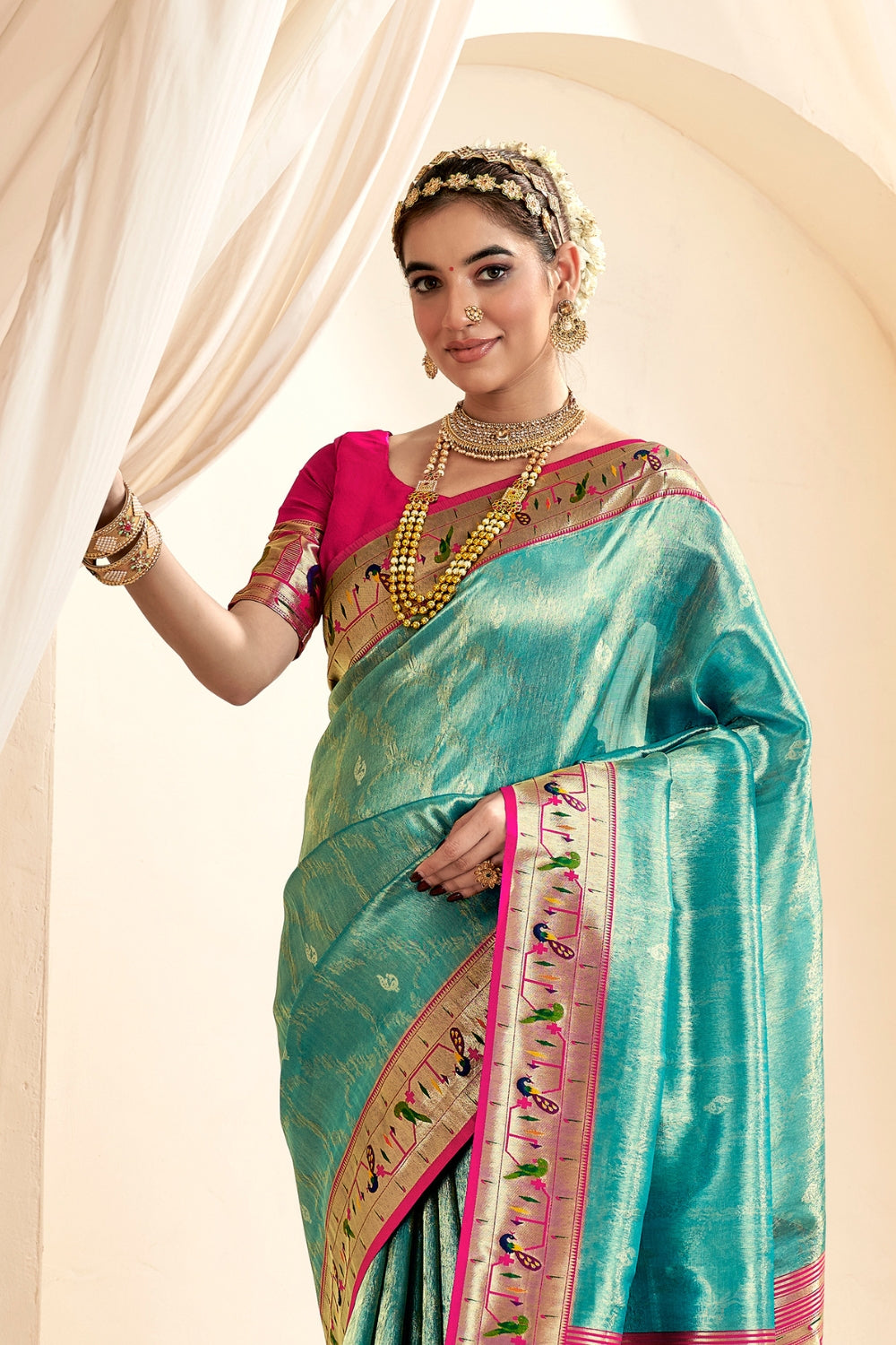 Turquoise PURE PAITHANI TISSUE SILK with ZARI BORDER Saree