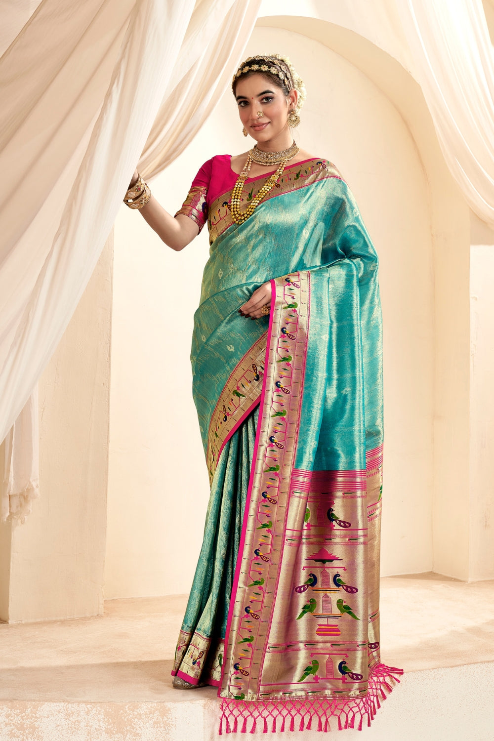 Turquoise PURE PAITHANI TISSUE SILK with ZARI BORDER Saree