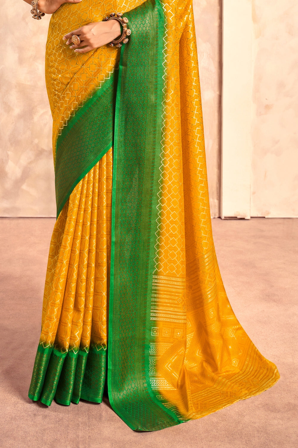 Yellow Soft Dola With Foil Print Saree