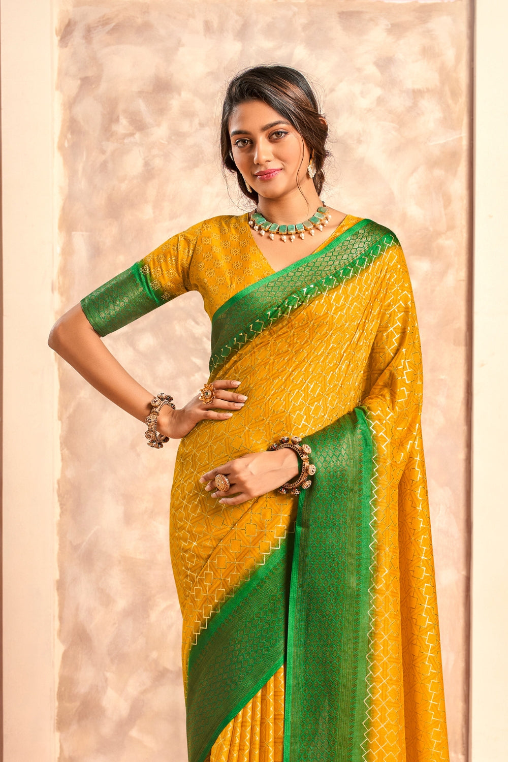 Yellow Soft Dola With Foil Print Saree