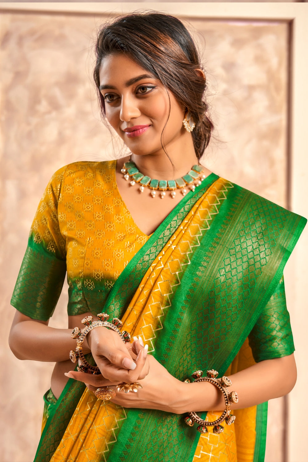 Yellow Soft Dola With Foil Print Saree