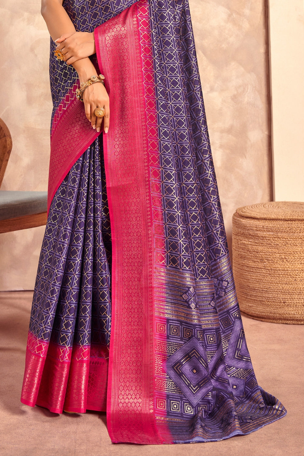 Indigo Soft Dola With Foil Print Saree