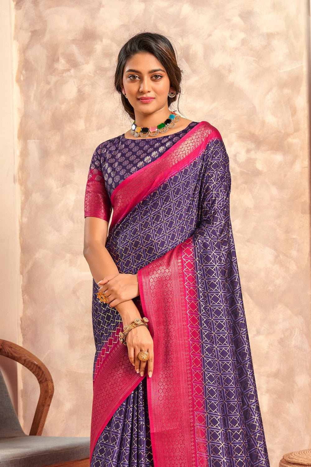 Indigo Soft Dola With Foil Print Saree