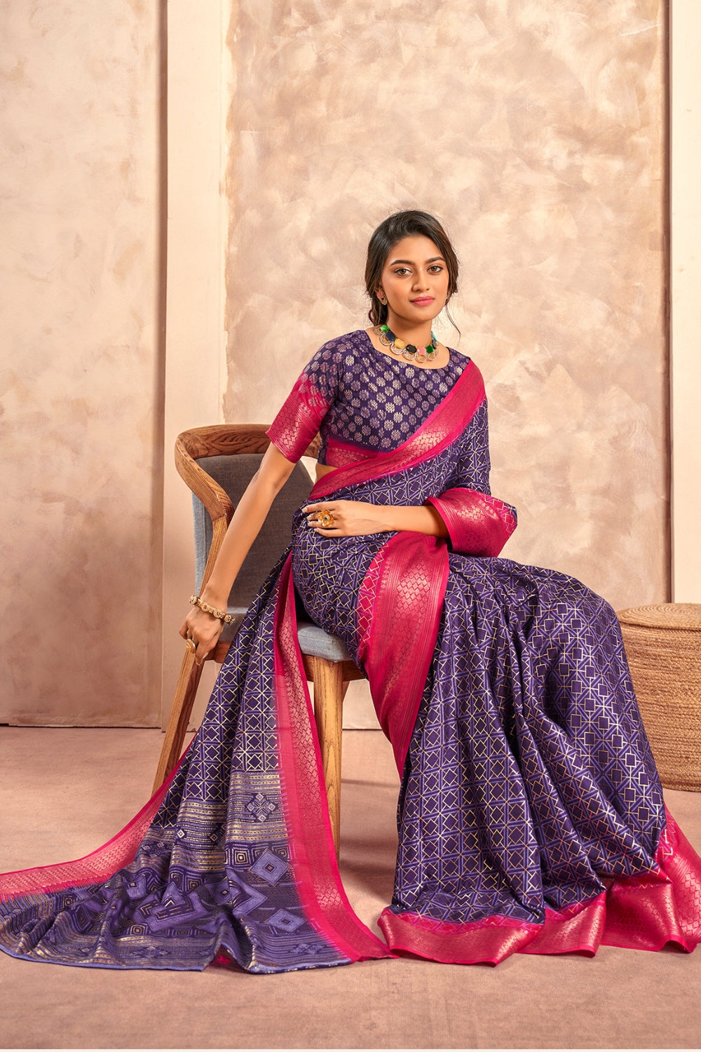 Indigo Soft Dola With Foil Print Saree