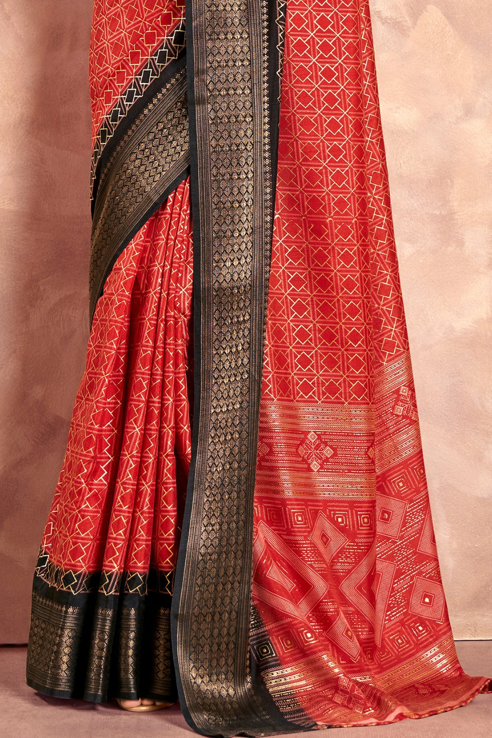 Red Soft Dola With Foil Print Saree