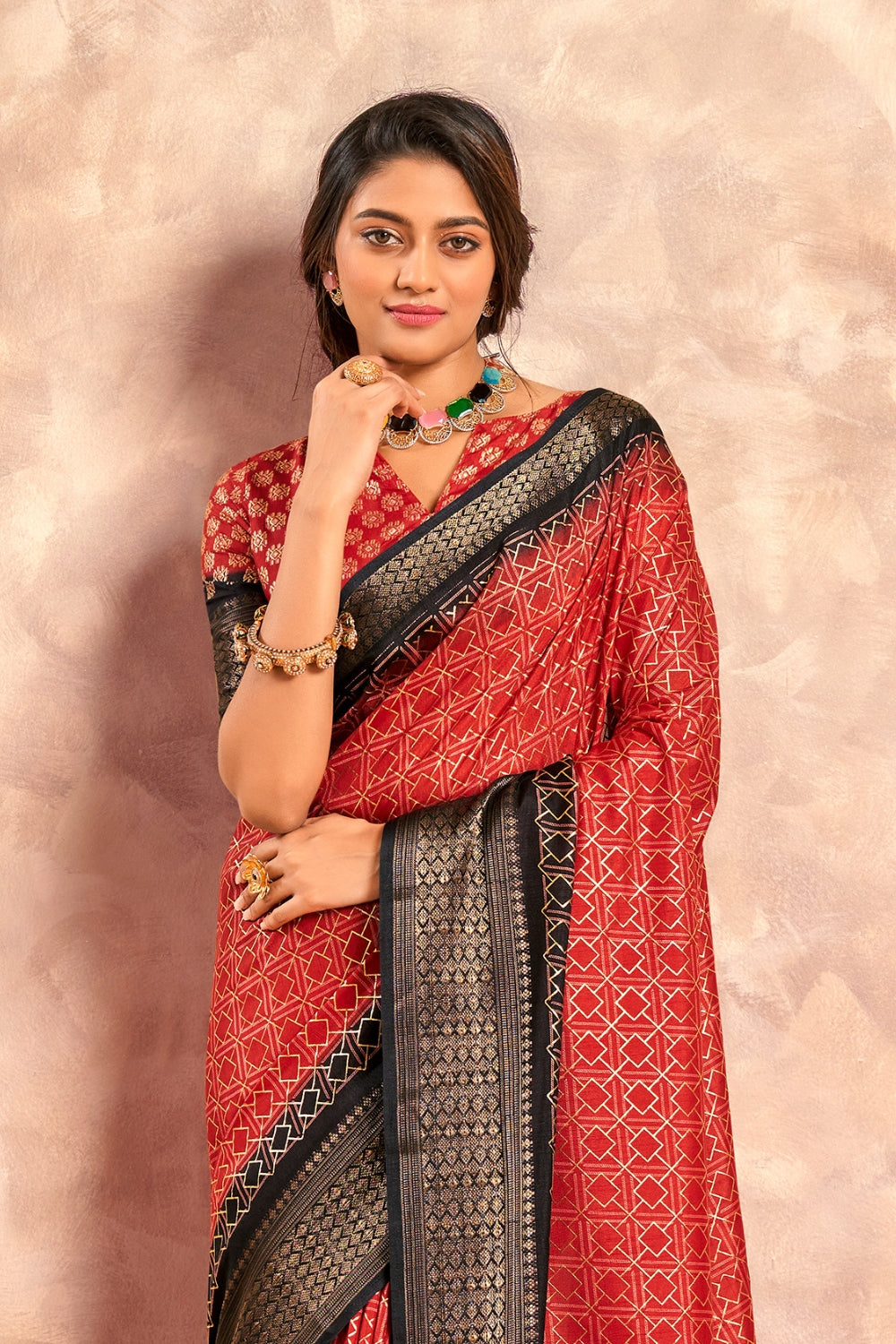 Red Soft Dola With Foil Print Saree