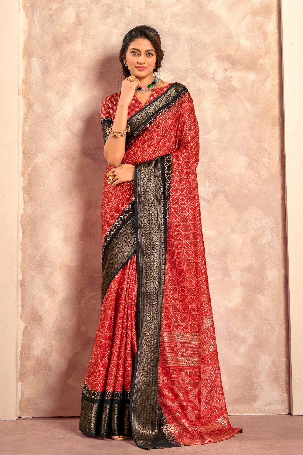 Red Soft Dola With Foil Print Saree