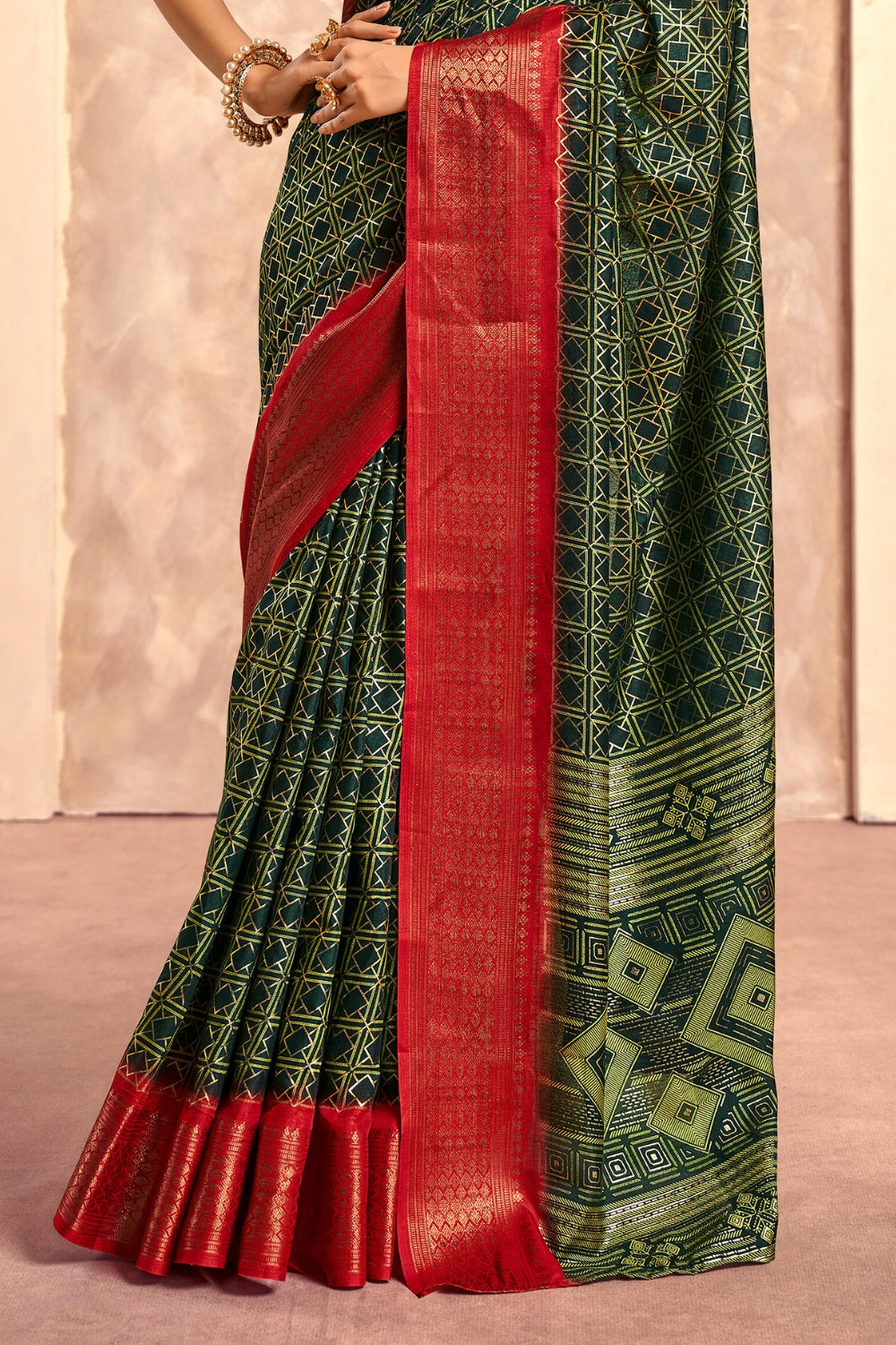 Green Soft Dola With Foil Print Saree