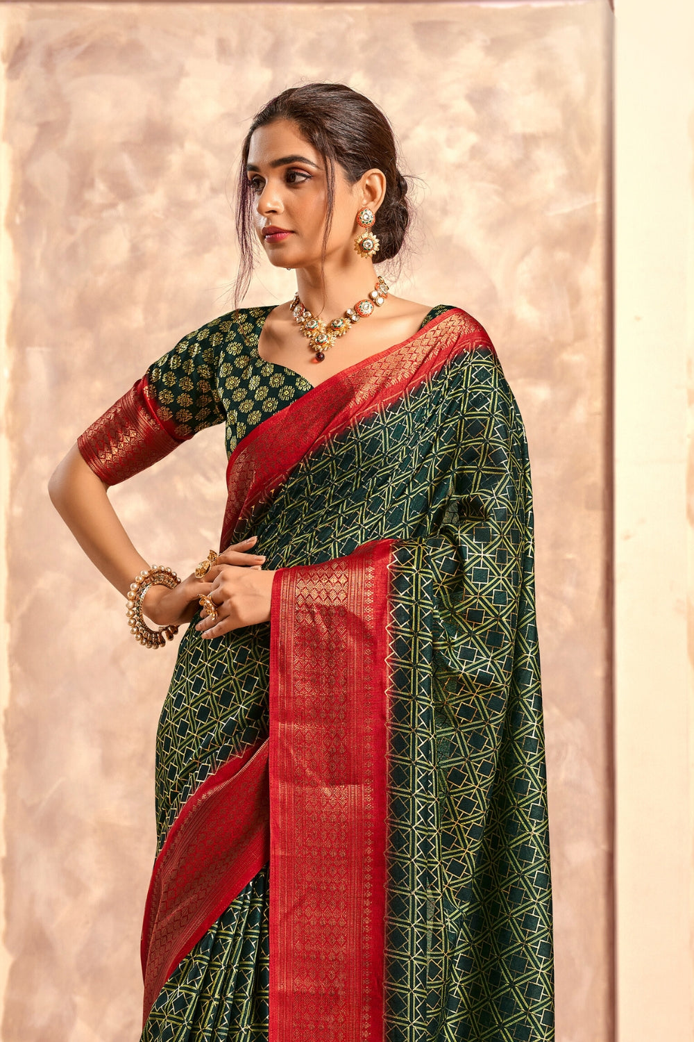 Green Soft Dola With Foil Print Saree