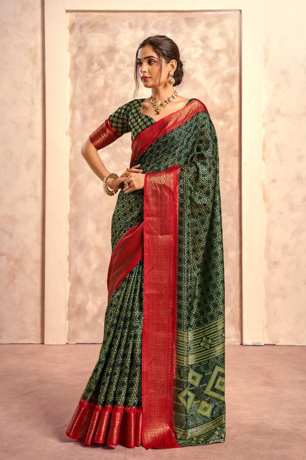 Green Soft Dola With Foil Print Saree