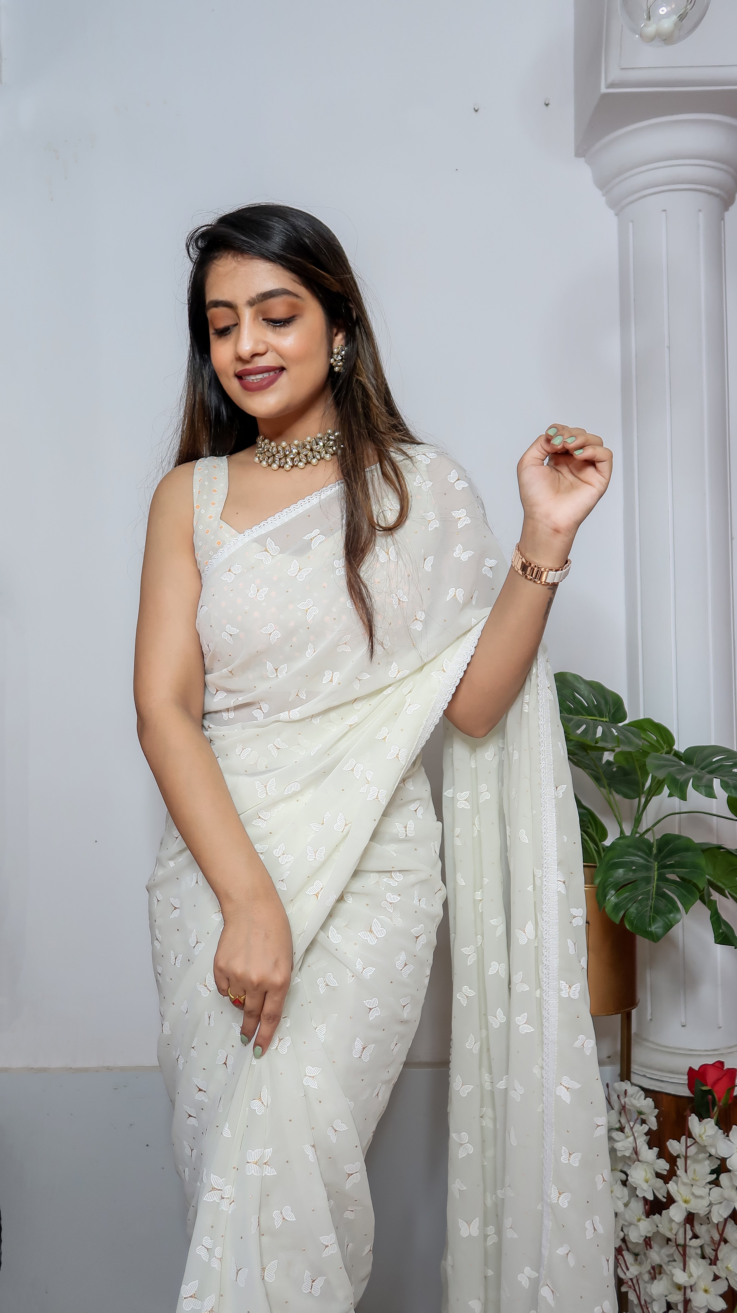 White Georgette Saree With Satin Benglori Blouse