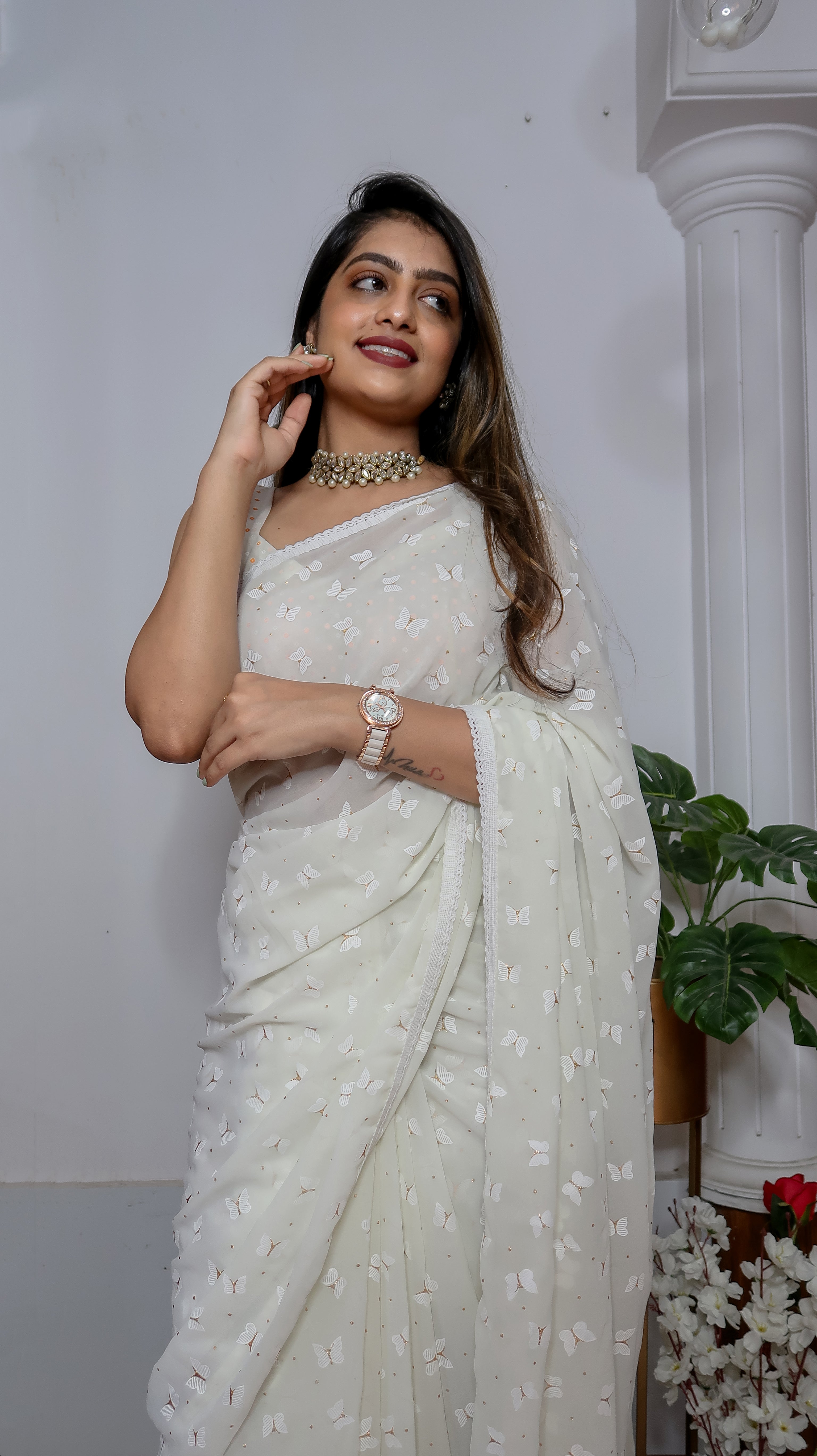 White Georgette Saree With Satin Benglori Blouse