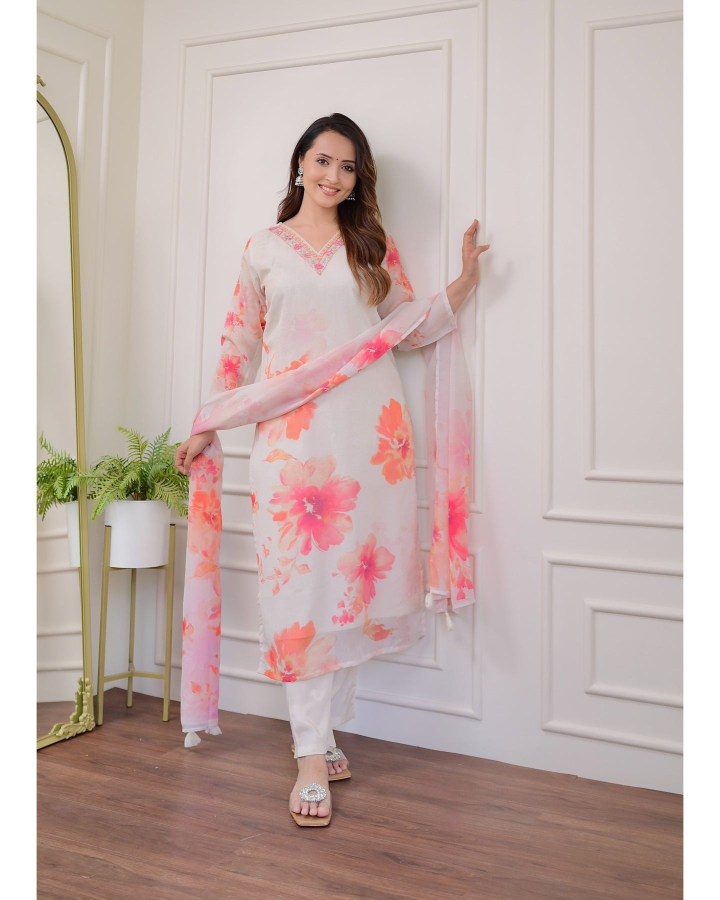 Off White Women Embroidered Premium Organza kurta set