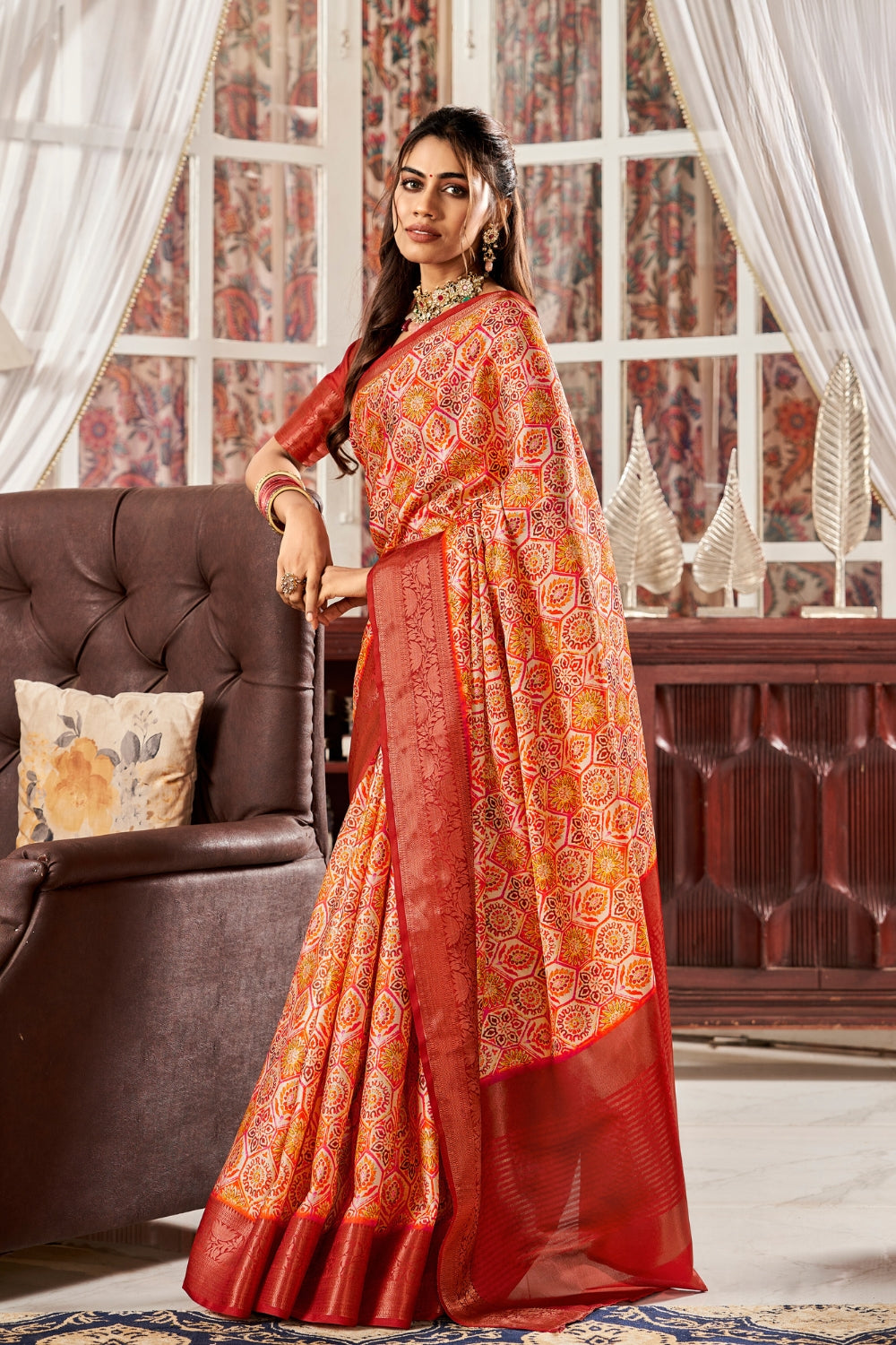 Orange Pure Satin Digital Saree