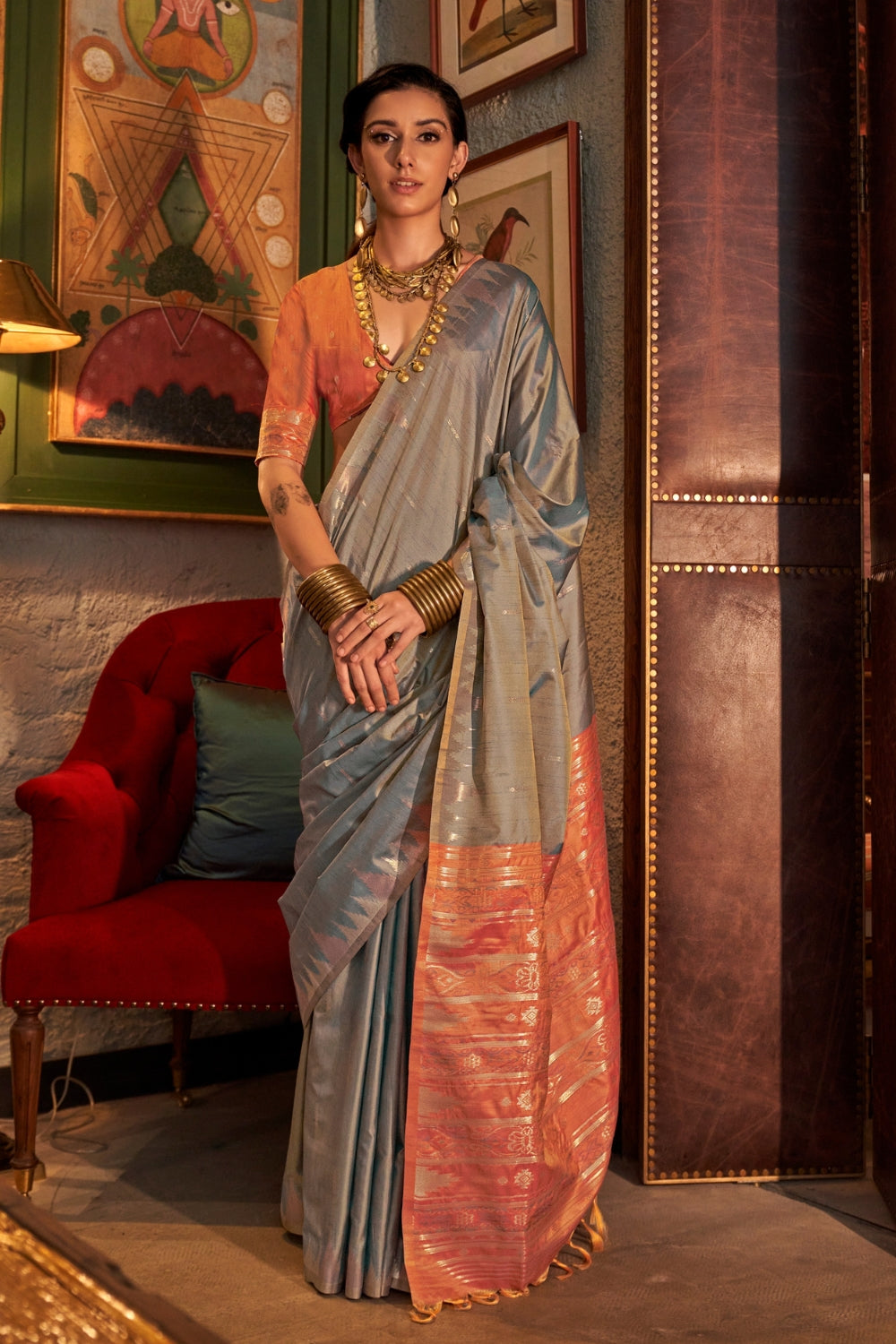 Grey Tussar Silk Saree