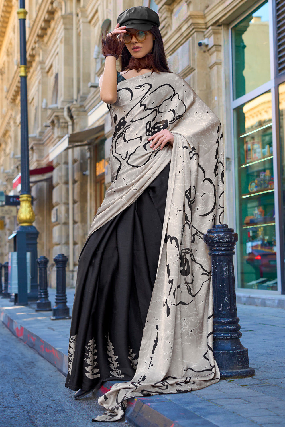 Black & White Satin Silk Saree